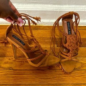 Open toe, braided front, tie up strap sandals. Tan. Never worn. 7.5. No box.